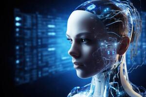 humanoid robot on white isolated. data network connection background. . photo