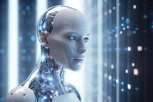 humanoid robot on white isolated. data network connection background. . photo