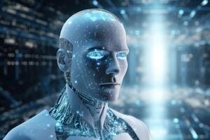 humanoid robot on white isolated. data network connection background. . photo