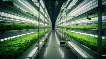 hidropónico interior vegetal planta fábrica en exposición espacio depósito. interior de el granja hidroponia. verde ensalada granja. lechuga romano creciente en invernadero con LED iluminación. generativo ai. foto