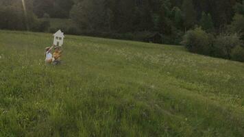 a girl and a boy holding a house cutout sitting in the grass on a hill video