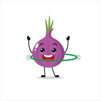 Cute and funny red onion doing hula hop. Vegetable doing fitness or sports exercises. Happy character working out vector illustration.