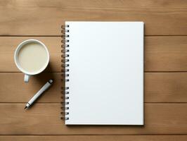 Top view of open spiral blank notebook on wood desk background. Generative Ai. photo