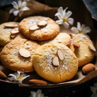 Sweet almond cookies on black wooden table. Black background. Top view. Generative Ai. photo