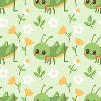 Seamless pattern of grasshopper, flowers and green leaf on green background vector illustration. Cute hand drawn floral pattern. Vector illustration