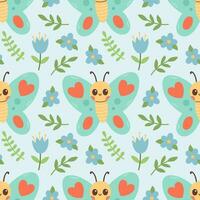 Seamless pattern of butterfly, blue flowers and green leaf on blue background vector illustration. Cute hand drawn floral pattern. Vector illustration