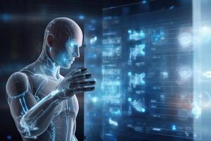 humanoid robot on white isolated. data network connection background. . photo