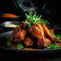Baked chicken wings served with different sauces and lemon. Black background. Generative Ai. photo