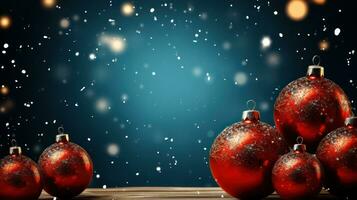 Christmas background with fir branches and balls on snow falling background. Generative Ai. photo