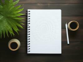 Top view of open spiral blank notebook on wood desk background. Generative Ai. photo