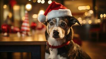 de cerca retrato de un linda perro en un rojo Papa Noel claus sombrero entre ardiente luces en el antecedentes de un invierno Nevado paisaje. nuevo año fiesta. copos de nieve en el aire. generativo ai. foto