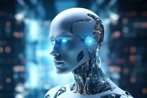 humanoid robot on white isolated. data network connection background. . photo