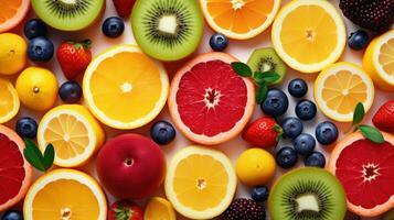 brillante antecedentes con kiwi fruta, pomelo y naranjas generativo ai. foto