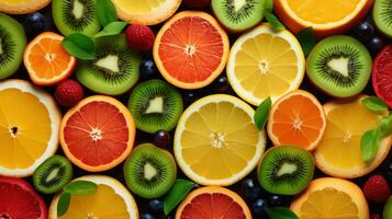 Bright background with kiwi fruit, grapefruit and oranges. Generative Ai. photo