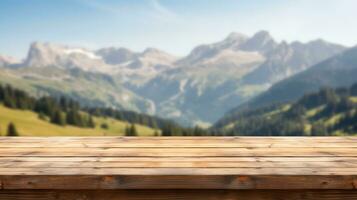 Wooden desk of free space for your decoration and summer landscape of beach. Generative Ai. photo