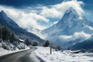 winter road and trees with snow and alps landscape. Generative Ai. photo
