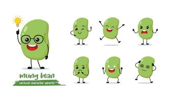 Mung bean cartoon with many expressions. different bean activity vector illustration flat design. smart mungbean for children story book.