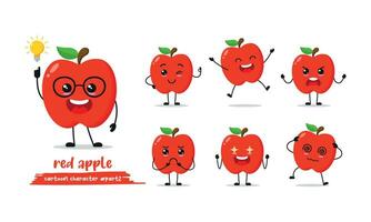 cute red apple cartoon with many expressions. fruit different activity pose vector illustration flat design set.