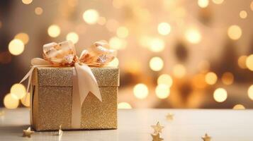 Gold giftbox on bokeh background. Generative Ai. photo