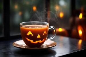 Halloween coffee pumpkin cup with a hot drink, and steam a festive banner for a cafe with a copy space. Generative Ai. photo