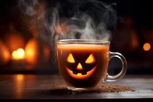 Halloween coffee,pumpkin cup with a hot drink and steam on a black scary background, a festive banner for a cafe with a copy space. . photo