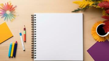 Top view of open spiral blank notebook on wood desk background. Generative Ai. photo