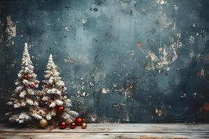 Christmas decoration on grunge decorative navy blue dark stucco wall. Gift boxes with copy space. Illustration photo