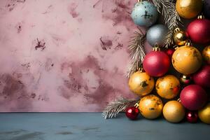 Christmas decoration on grunge decorative Pink pastel stucco wall. Gift boxes with copy space. Generative AI Illustration photo