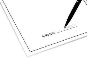 illustration of a blank paper with a pen and the word approved. copy space for add text. black and white line art for business. photo