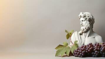 Art sculpture of ancient Italian from marble with grapes isolated on a pastel background with a copy space photo