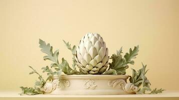 Art sculpture of ancient Italian from marble with artichoke isolated on a pastel background with a copy space photo
