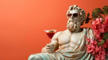 Art sculpture of ancient Italian from marble with cocktail isolated on a pastel background with a copy space photo