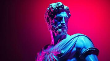 Antique statue in neon light modern concept background with a copy space photo