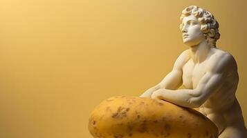 Art sculpture of ancient Italian from marble with potato isolated on a pastel background with a copy space photo