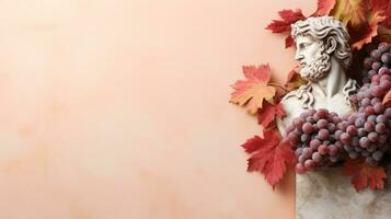 Art sculpture of ancient Italian from marble with grapes isolated on a pastel background with a copy space photo