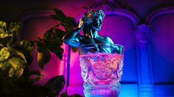 Antique statue in neon light with Daiquiri cocktail modern concept background with a copy space photo