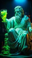 Antique statue in neon light with Caipirinha cocktail modern concept background with a copy space photo