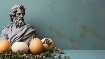 Art sculpture of ancient Italian from marble with eggs isolated on a pastel background with a copy space photo