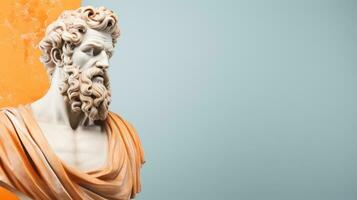 Art sculpture of ancient Italian from marble with orange isolated on a pastel background with a copy space photo
