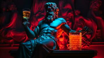 Antique statue in neon light with Whiskey Sour cocktail modern concept background with a copy space photo