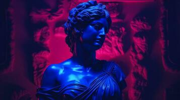 Antique statue in neon light modern concept background with a copy space photo