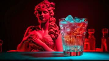 Antique statue in neon light with Paloma cocktail modern concept background with a copy space photo