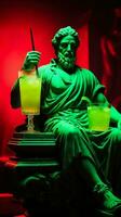 Antique statue in neon light with Caipirinha cocktail modern concept background with a copy space photo