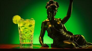 Antique statue in neon light with Caipirinha cocktail modern concept background with a copy space photo