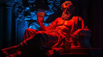 Antique statue in neon light with Negroni cocktail modern concept background with a copy space photo