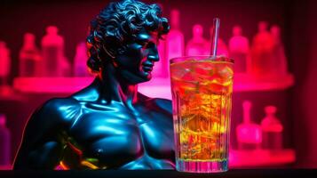 Antique statue in neon light with Tom Collins cocktail modern concept background with a copy space photo