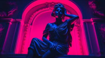 Antique statue in neon light modern concept background with a copy space photo