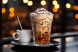 Ice coffee in a tall glass with cream. Cold summer drink coffee and working with laptop on wooden table at cafe. Illustration. photo