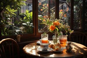 Breakfast set on the table near window glass with natural sunshine in tropical cafe. Generative AI Illustration. photo