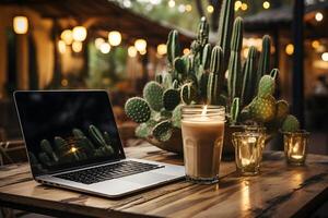 Ice coffee in a tall glass with cream. Cold summer drink coffee and working with laptop on wooden table at cafe. Generative AI Illustration. photo